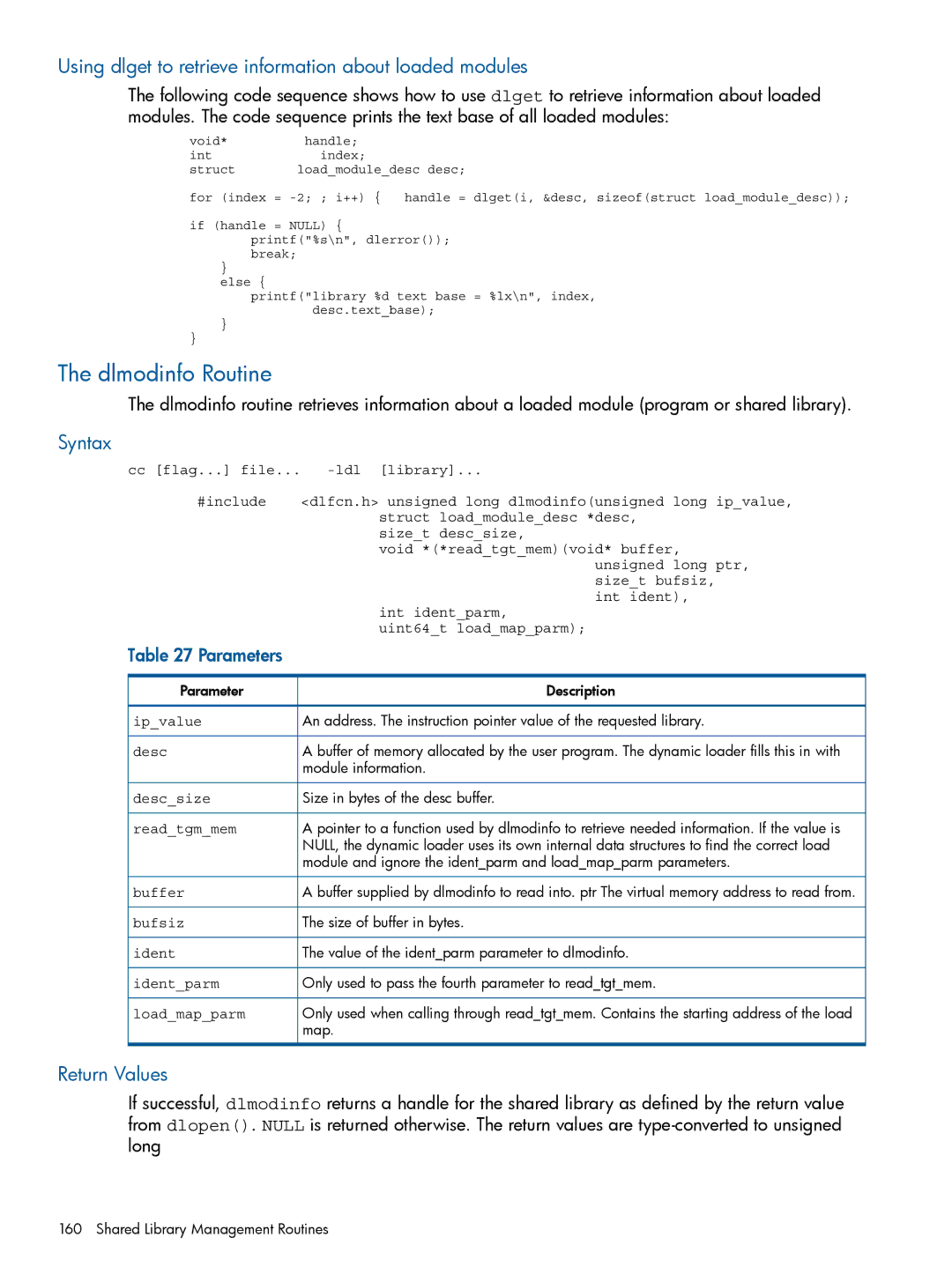 HP UX Software Transition Kit (STK) manual Dlmodinfo Routine, Using dlget to retrieve information about loaded modules 