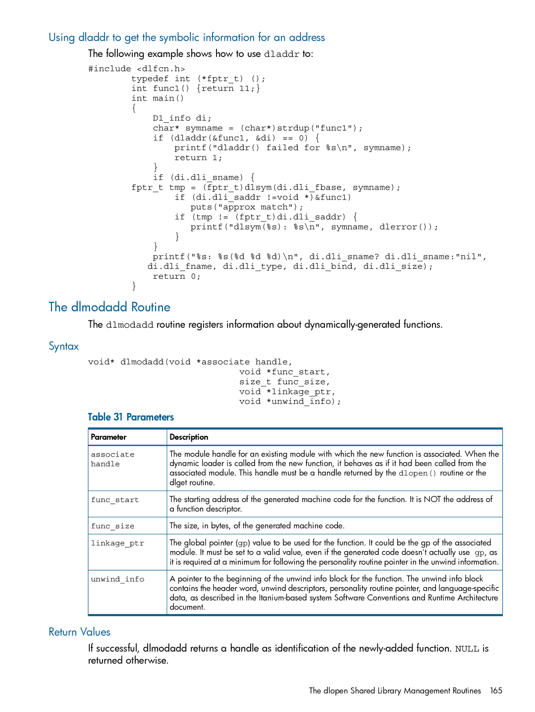 HP UX Software Transition Kit (STK) manual Dlmodadd Routine, Using dladdr to get the symbolic information for an address 