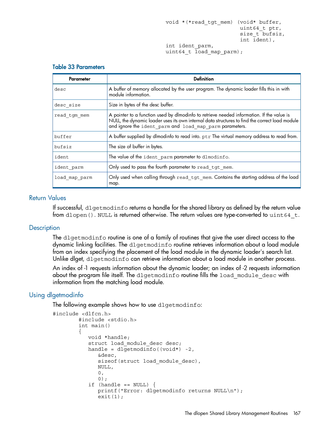 HP UX Software Transition Kit (STK) manual Using dlgetmodinfo, Following example shows how to use dlgetmodinfo 