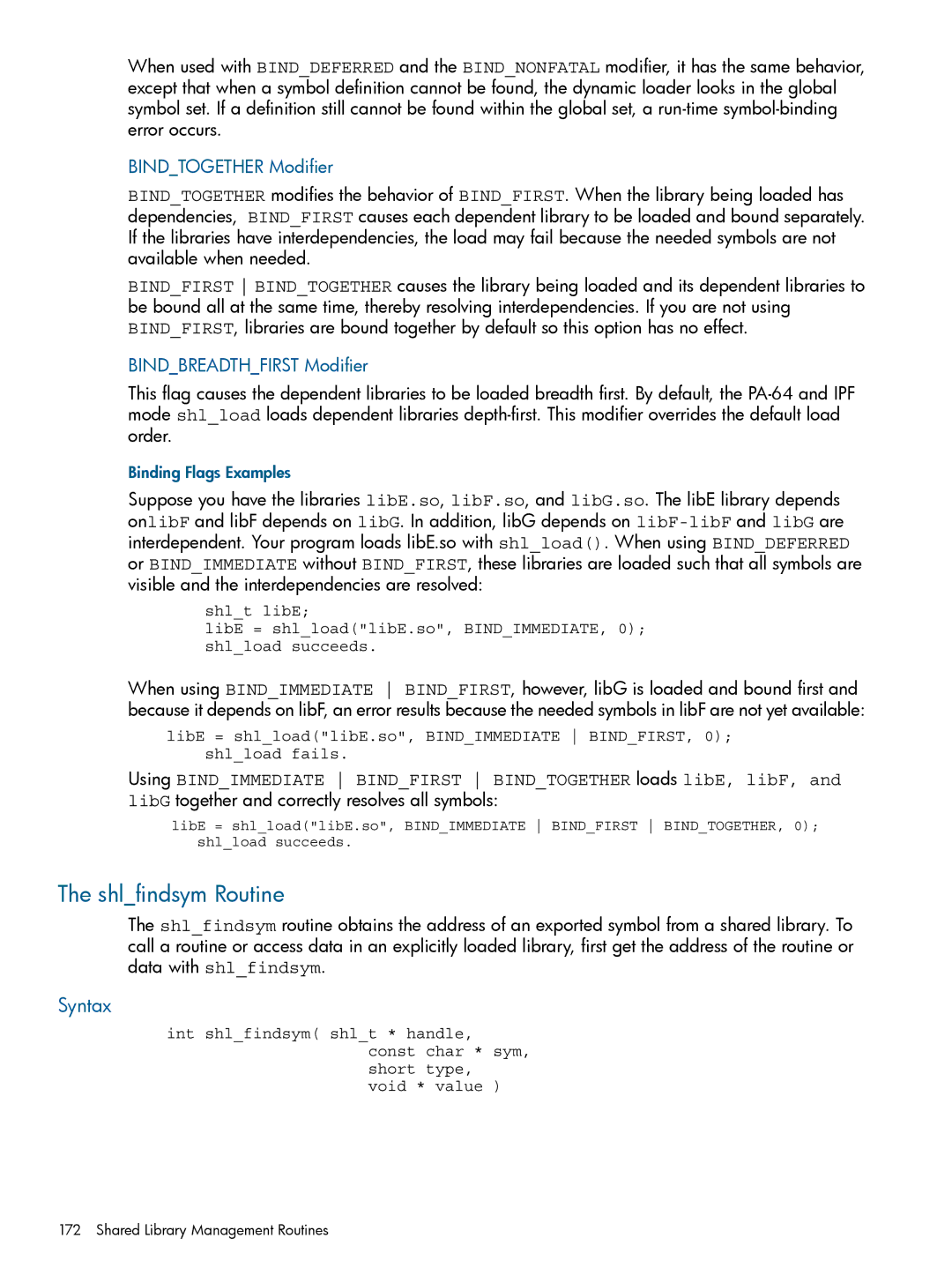 HP UX Software Transition Kit (STK) manual Shlfindsym Routine, Bindtogether Modifier, Bindbreadthfirst Modifier 