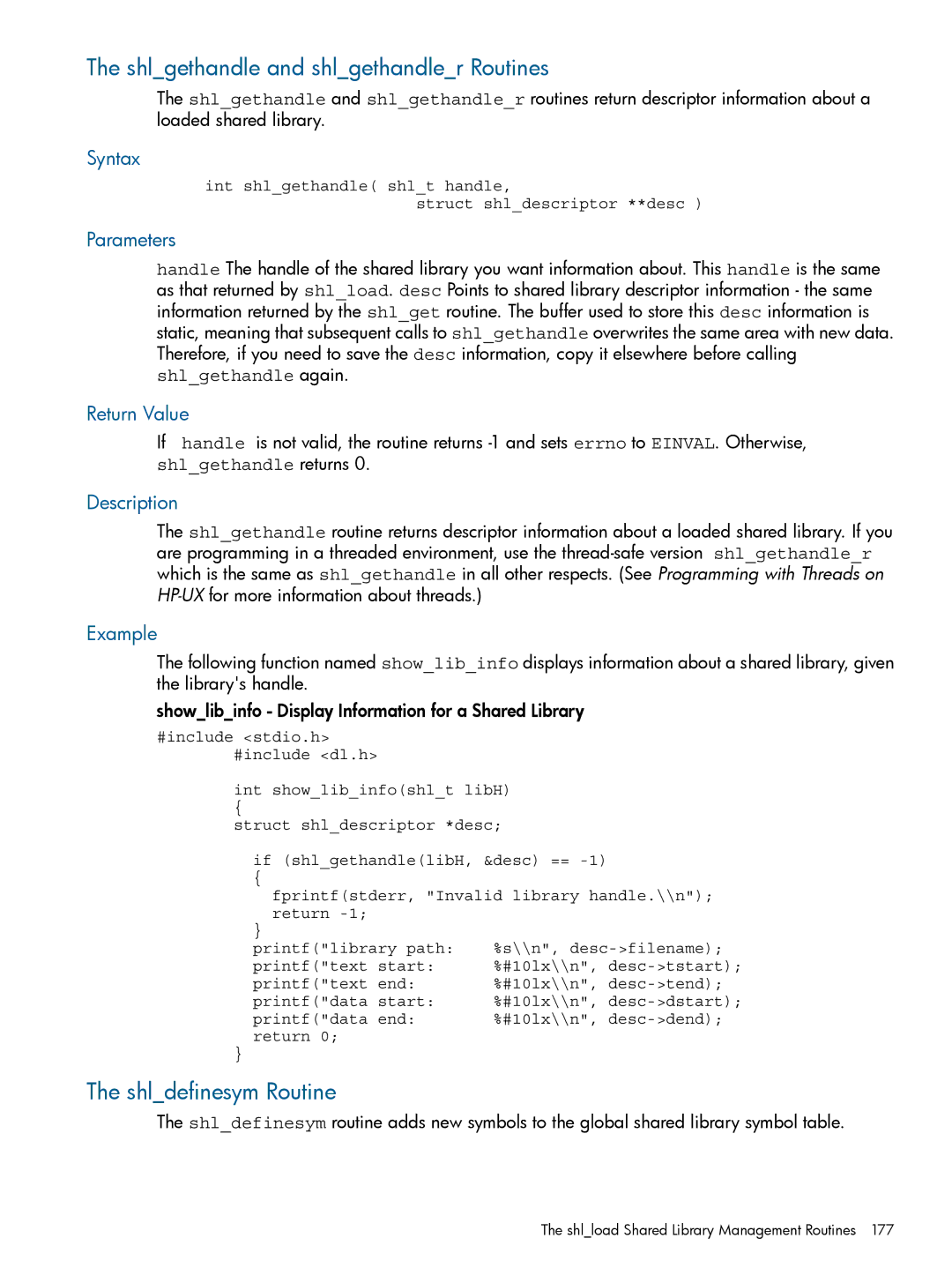 HP UX Software Transition Kit (STK) manual Shlgethandle and shlgethandler Routines, Shldefinesym Routine 