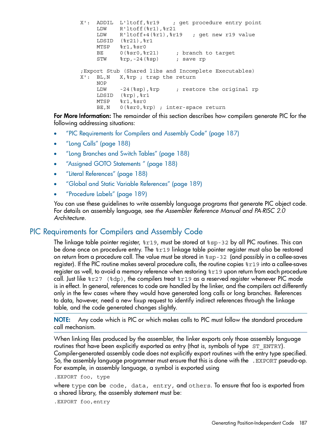 HP UX Software Transition Kit (STK) manual PIC Requirements for Compilers and Assembly Code 