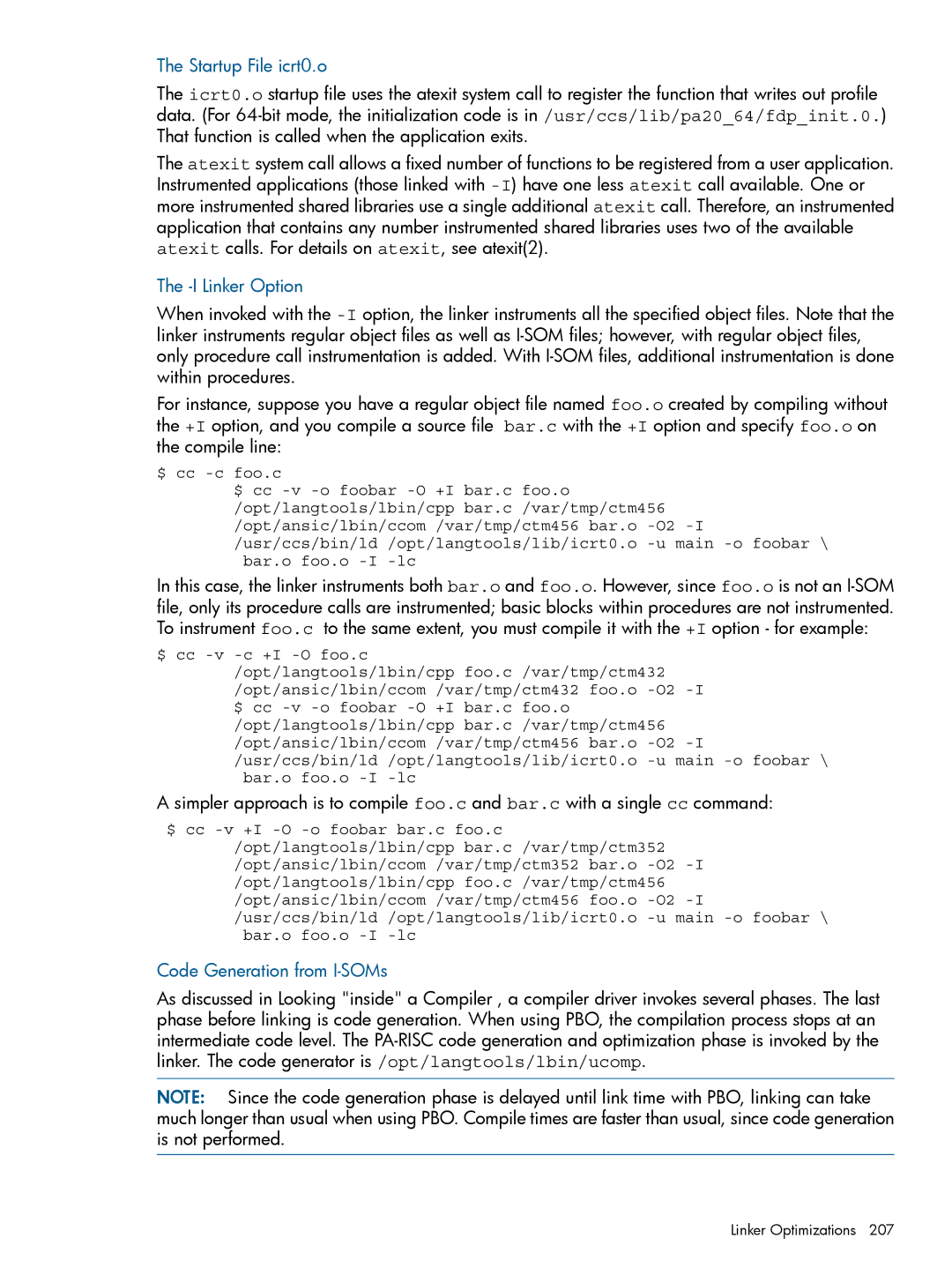HP UX Software Transition Kit (STK) manual Startup File icrt0.o, I Linker Option, Code Generation from I-SOMs 