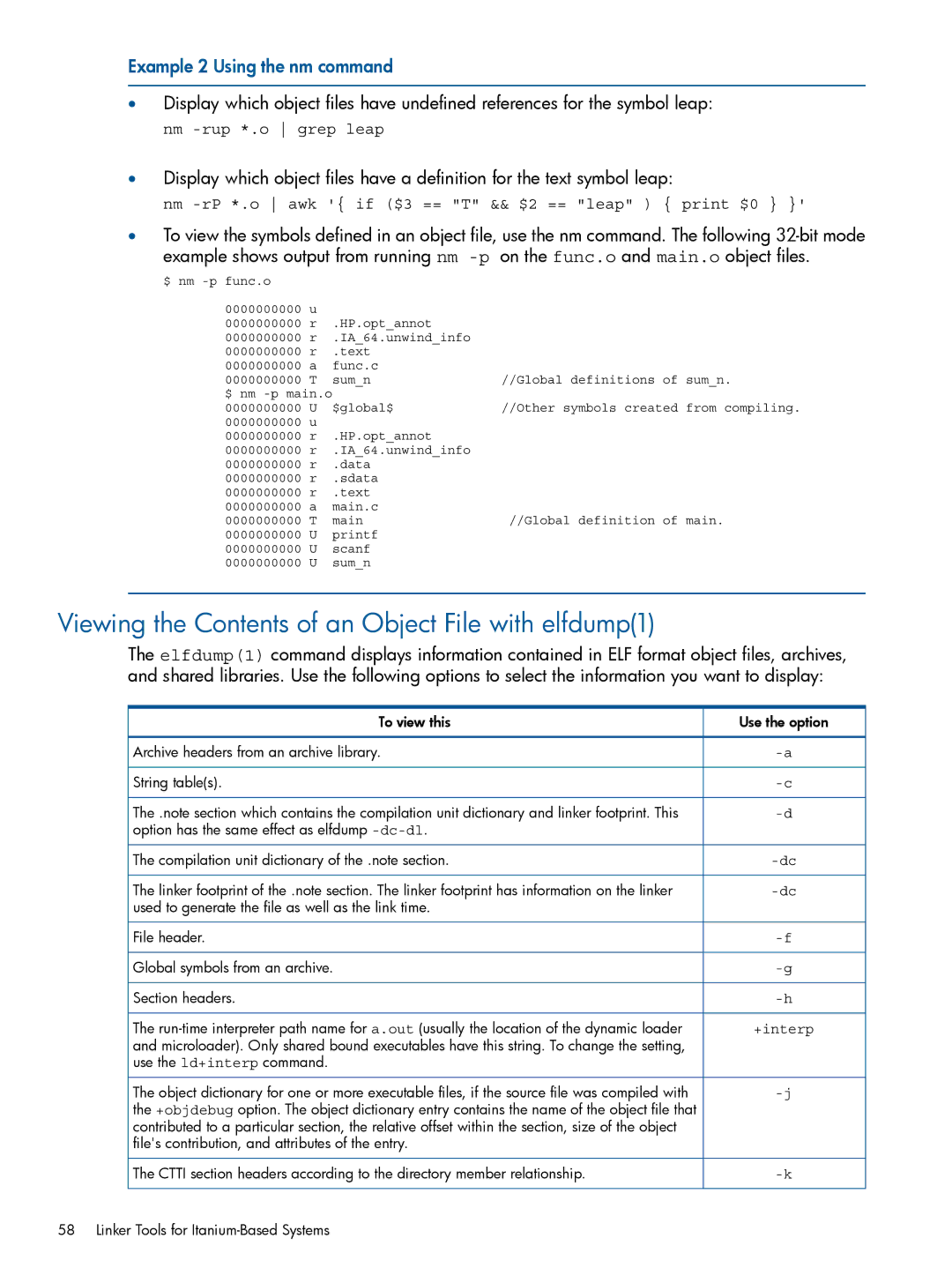 HP UX Software Transition Kit (STK) manual Viewing the Contents of an Object File with elfdump1 