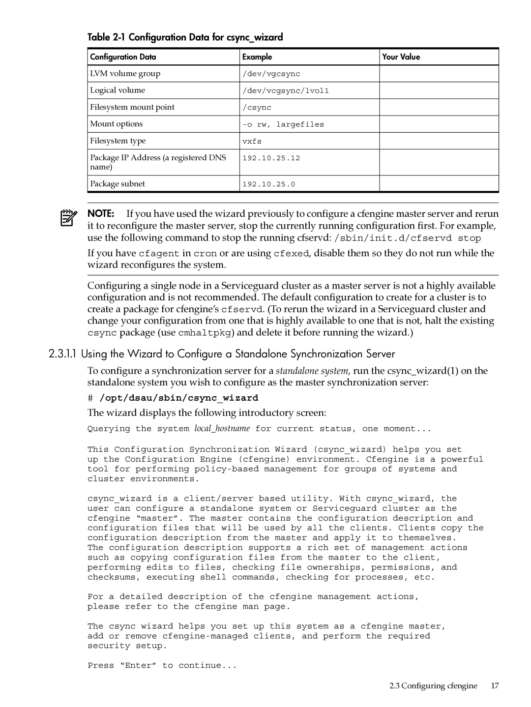 HP UX System Adstration manual Configuration Data for csyncwizard, # /opt/dsau/sbin/csyncwizard 