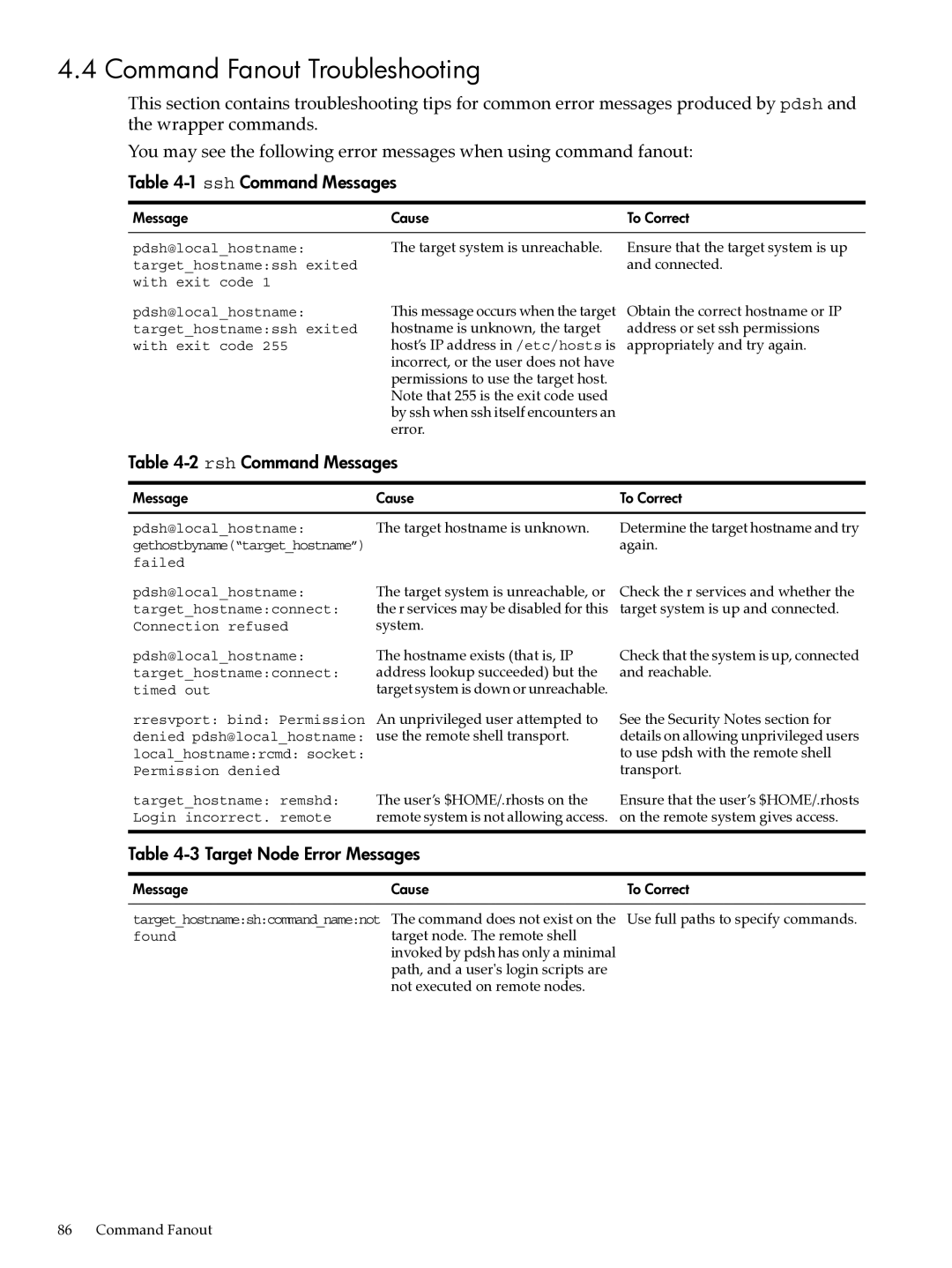 HP UX System Adstration manual Command Fanout Troubleshooting, Ssh Command Messages, Rsh Command Messages 