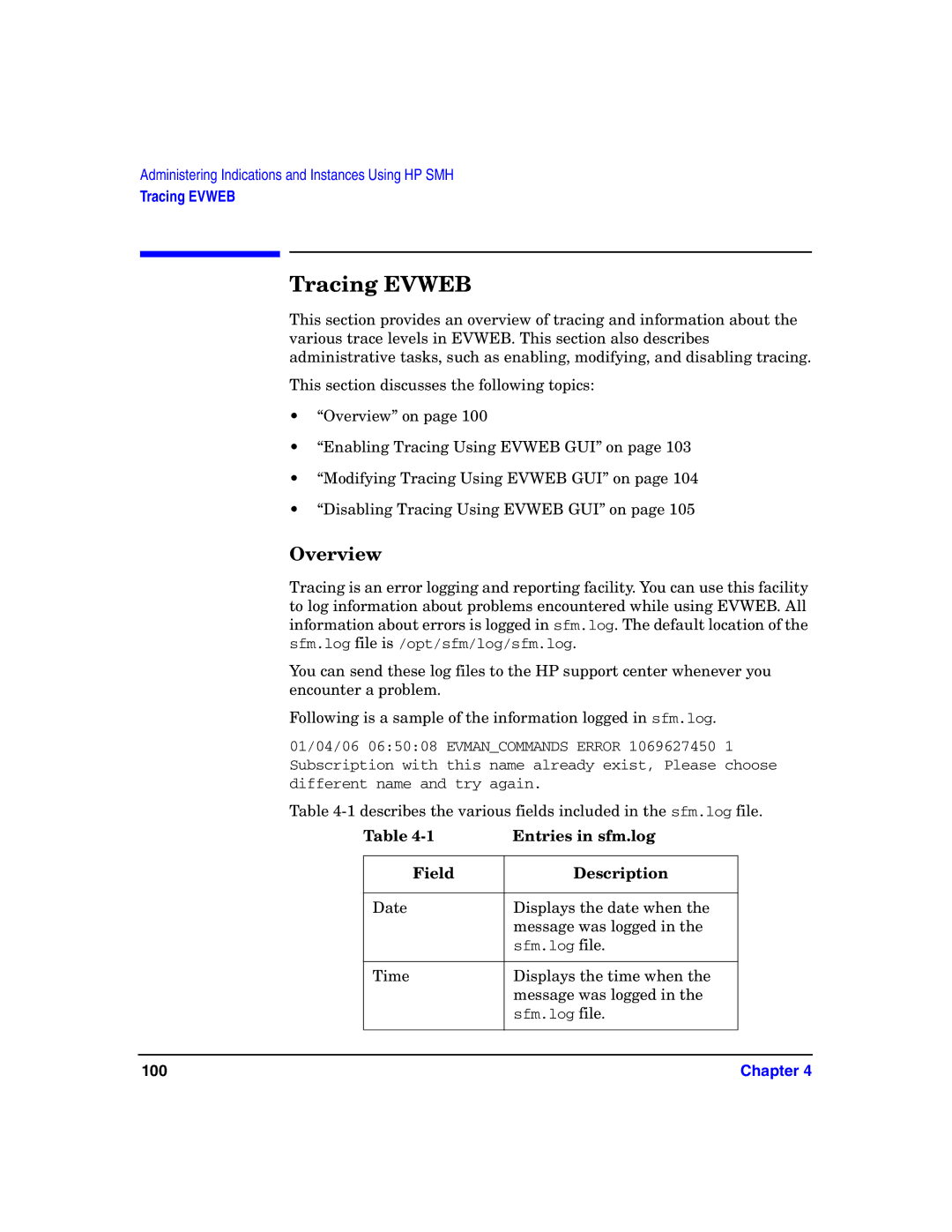 HP UX System Fault Management (SFM) Software manual Tracing Evweb, Entries in sfm.log, Field Description 