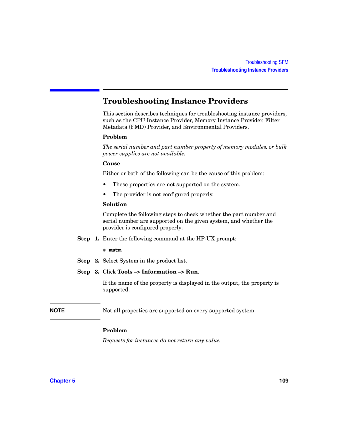 HP UX System Fault Management (SFM) Software manual Troubleshooting Instance Providers, Problem, Cause, Solution 