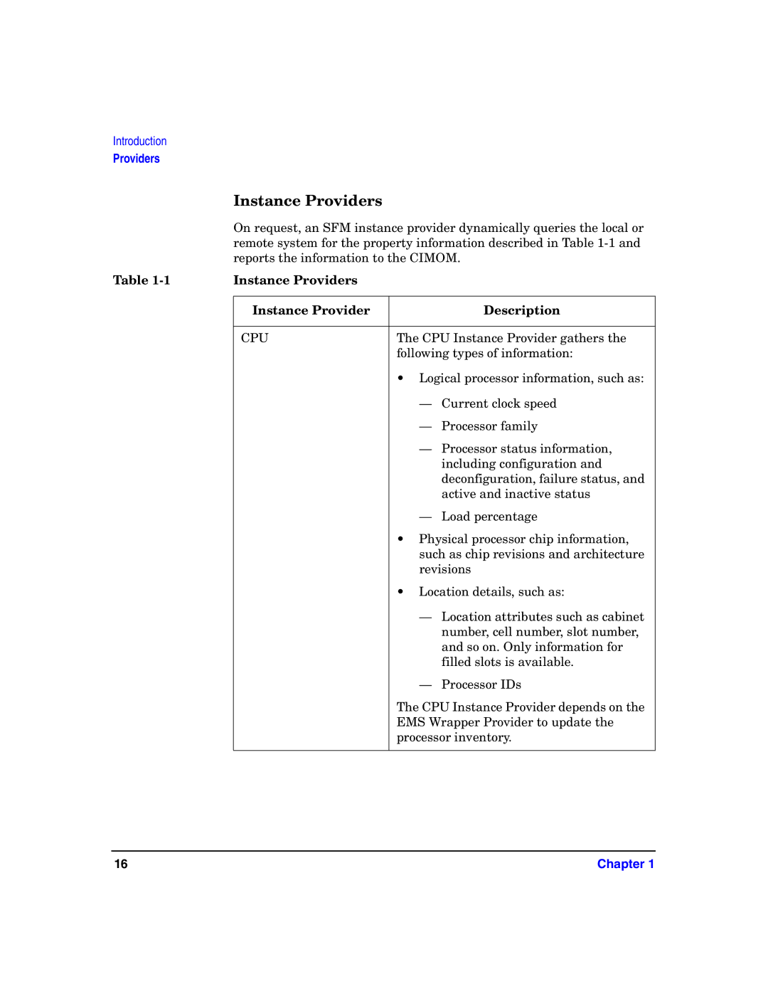 HP UX System Fault Management (SFM) Software manual Instance Providers Description 