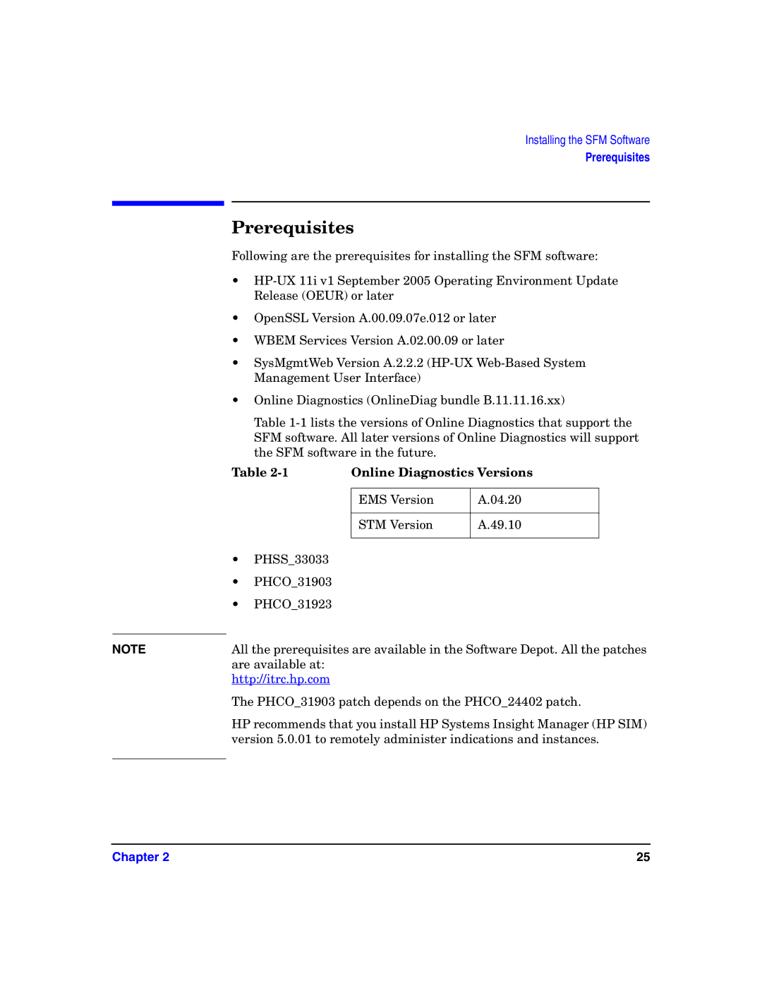 HP UX System Fault Management (SFM) Software manual Prerequisites, Online Diagnostics Versions 