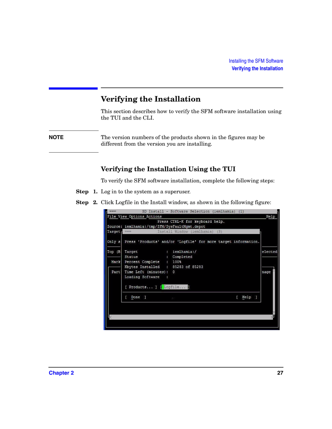 HP UX System Fault Management (SFM) Software manual Verifying the Installation Using the TUI 