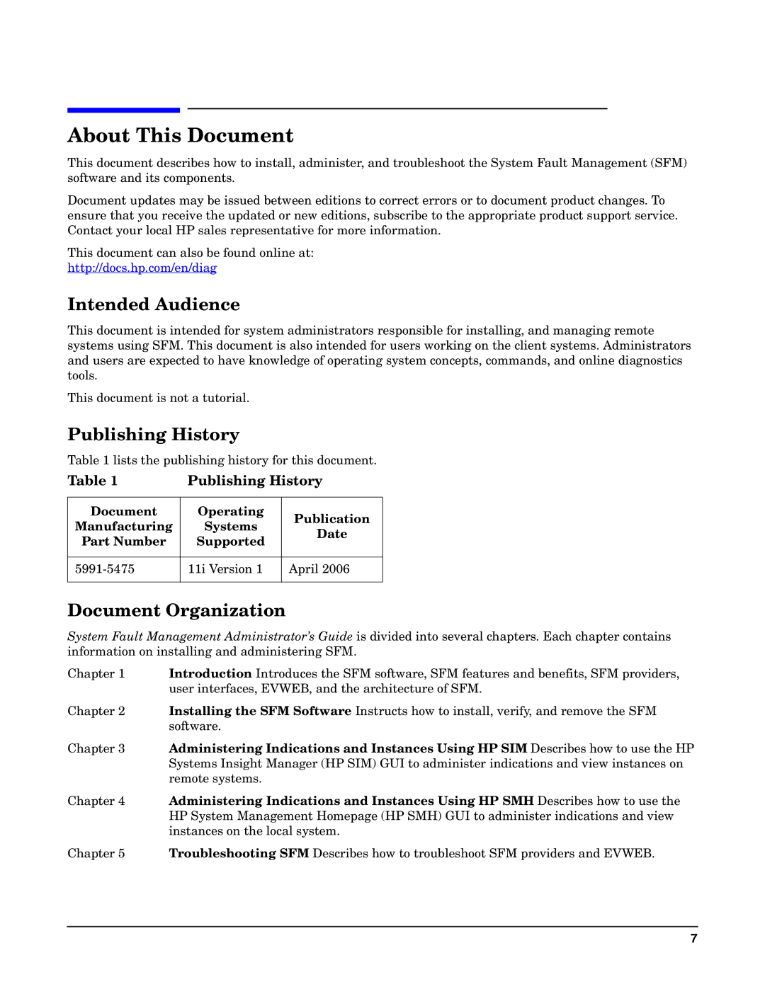 HP UX System Fault Management (SFM) Software manual Intended Audience, Publishing History, Document Organization 