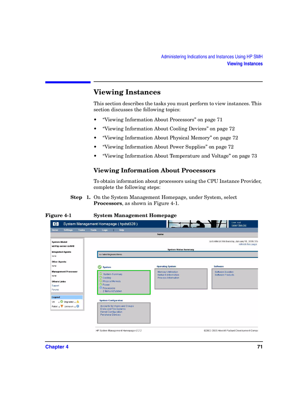 HP UX System Fault Management (SFM) Software manual Viewing Instances, System Management Homepage 