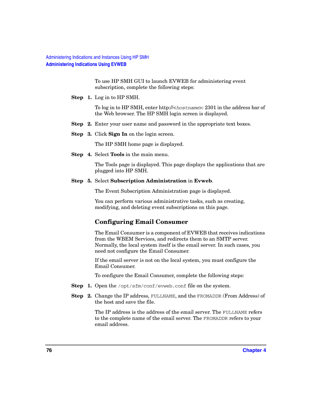 HP UX System Fault Management (SFM) Software Configuring Email Consumer, Step Select Subscription Administration in Evweb 