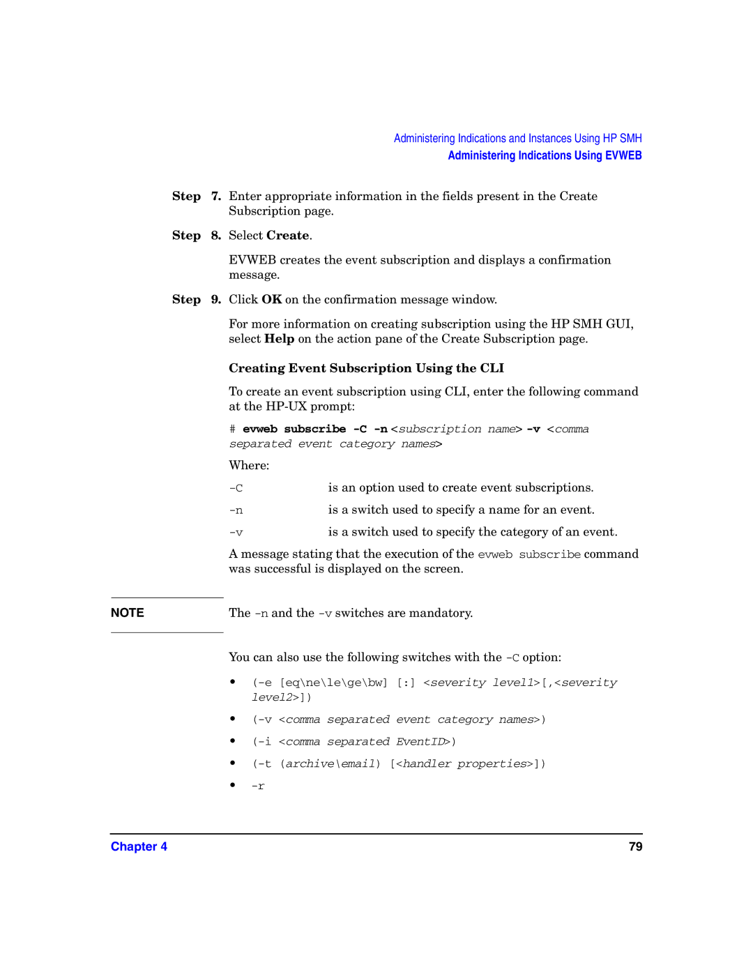 HP UX System Fault Management (SFM) Software manual Step Select Create, Creating Event Subscription Using the CLI 