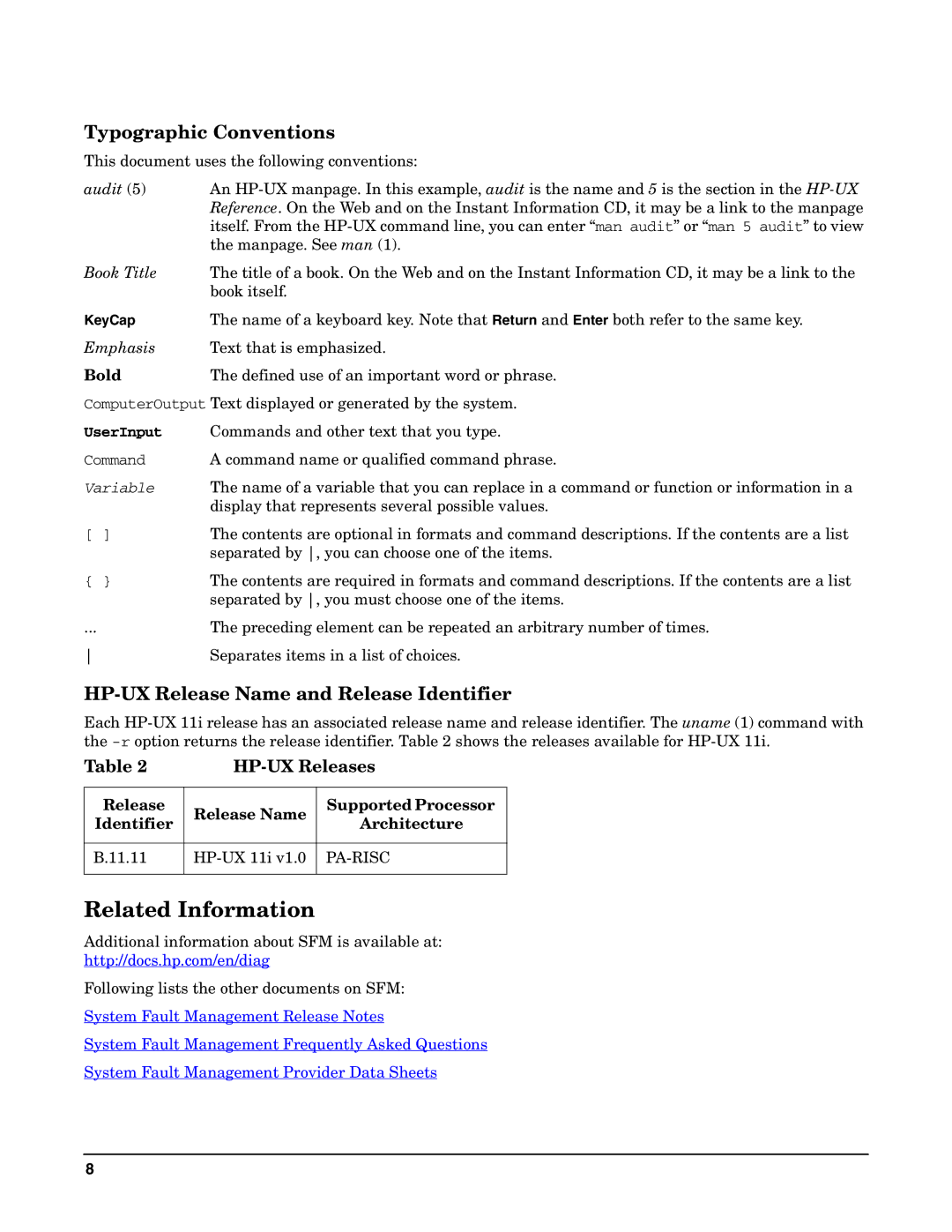 HP UX System Fault Management (SFM) Software manual Related Information, Typographic Conventions, UserInput 