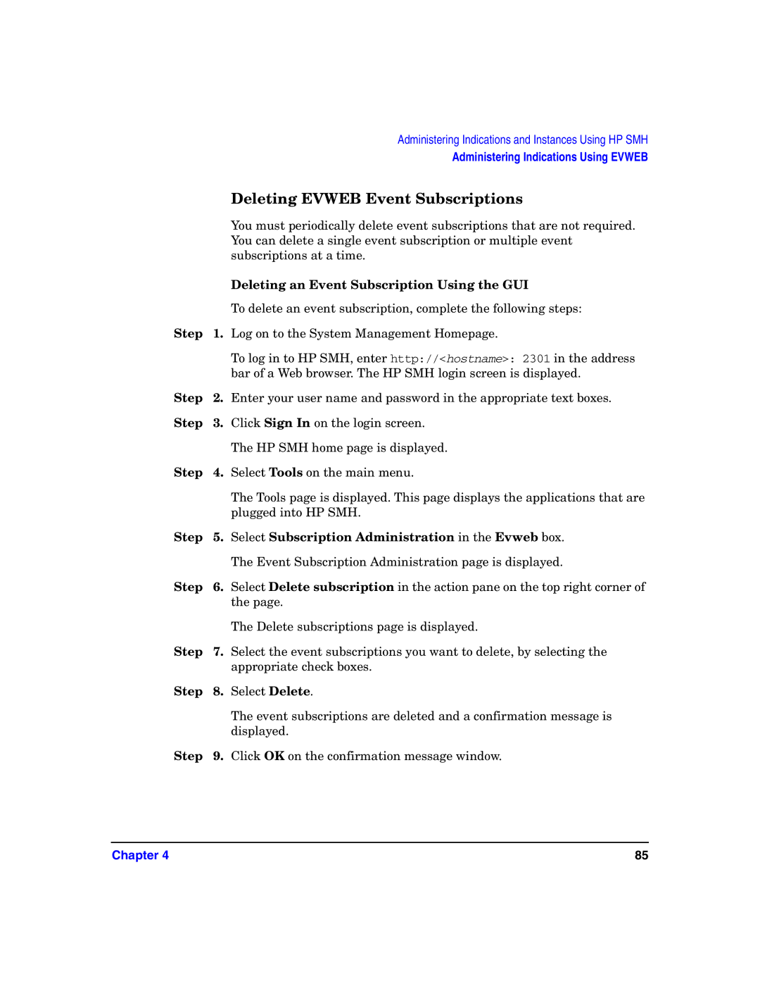 HP UX System Fault Management (SFM) Software manual Deleting Evweb Event Subscriptions 