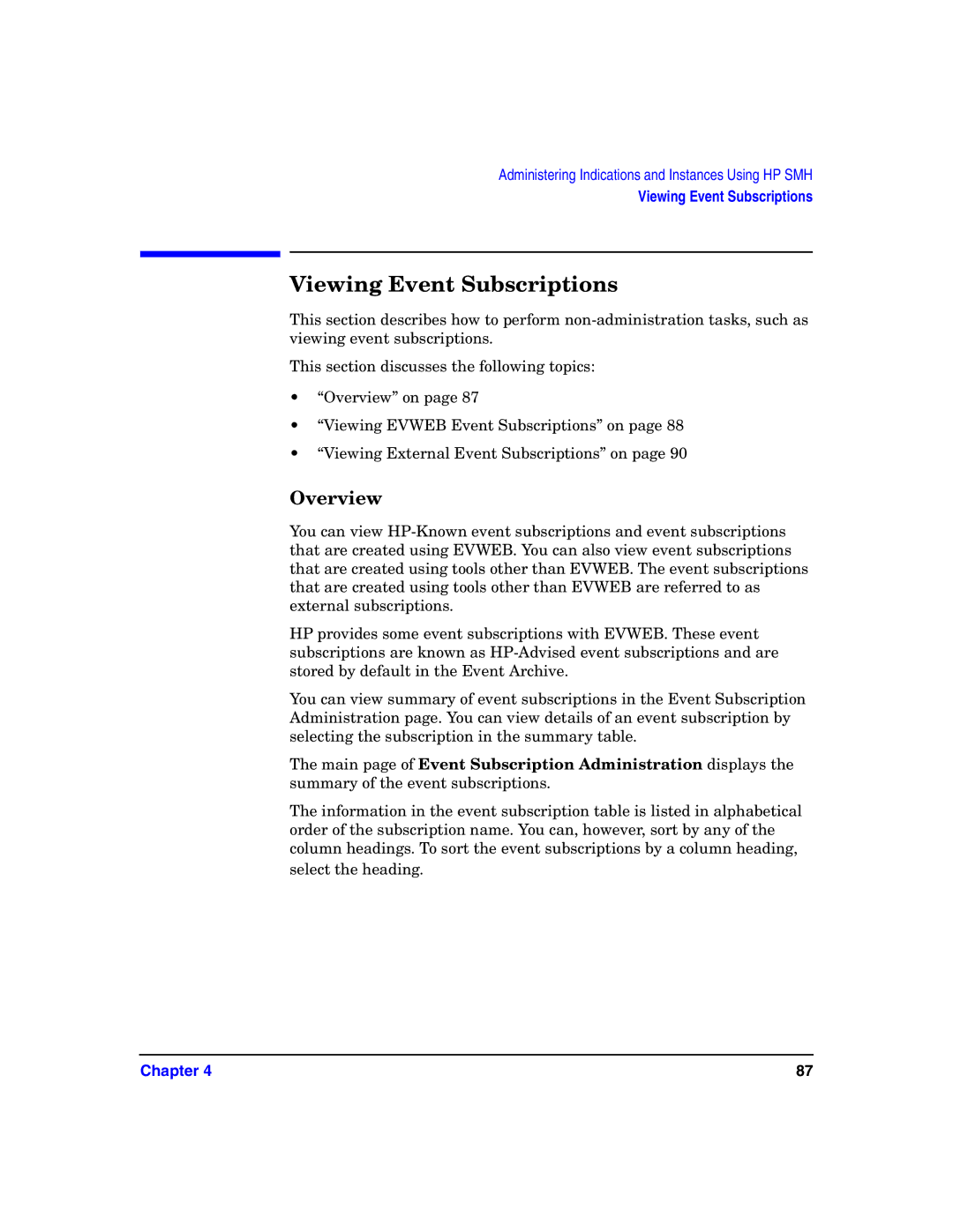 HP UX System Fault Management (SFM) Software manual Viewing Event Subscriptions, Overview 