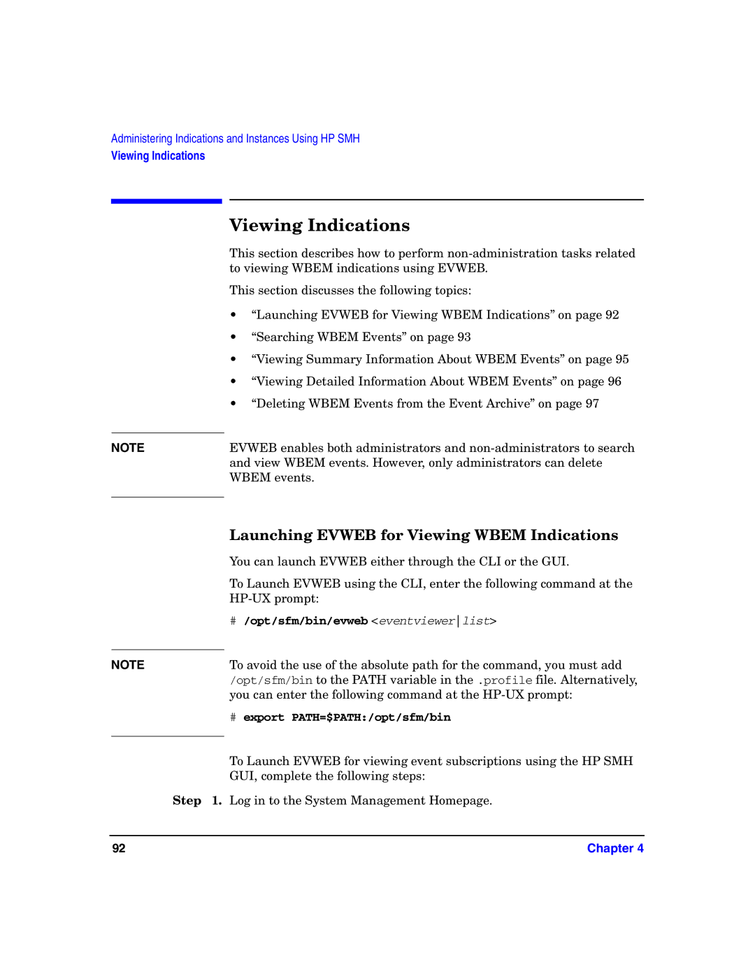 HP UX System Fault Management (SFM) Software manual Viewing Indications, Launching Evweb for Viewing Wbem Indications 