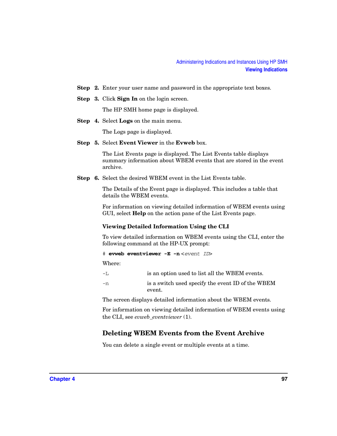 HP UX System Fault Management (SFM) Software manual Deleting Wbem Events from the Event Archive 
