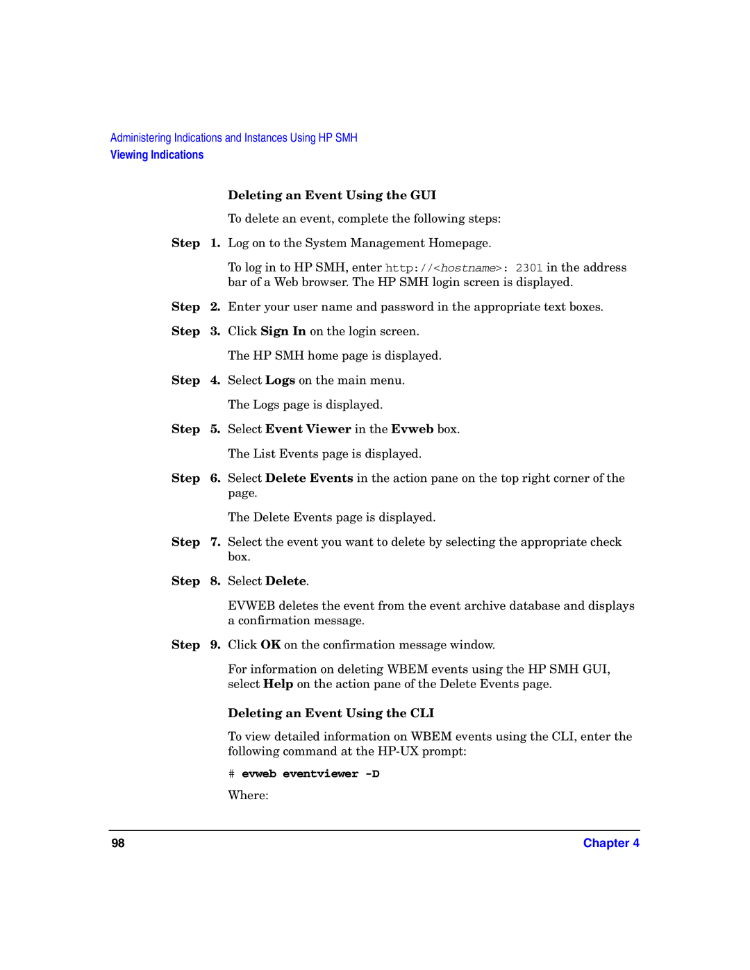 HP UX System Fault Management (SFM) Software manual Deleting an Event Using the GUI, Deleting an Event Using the CLI 