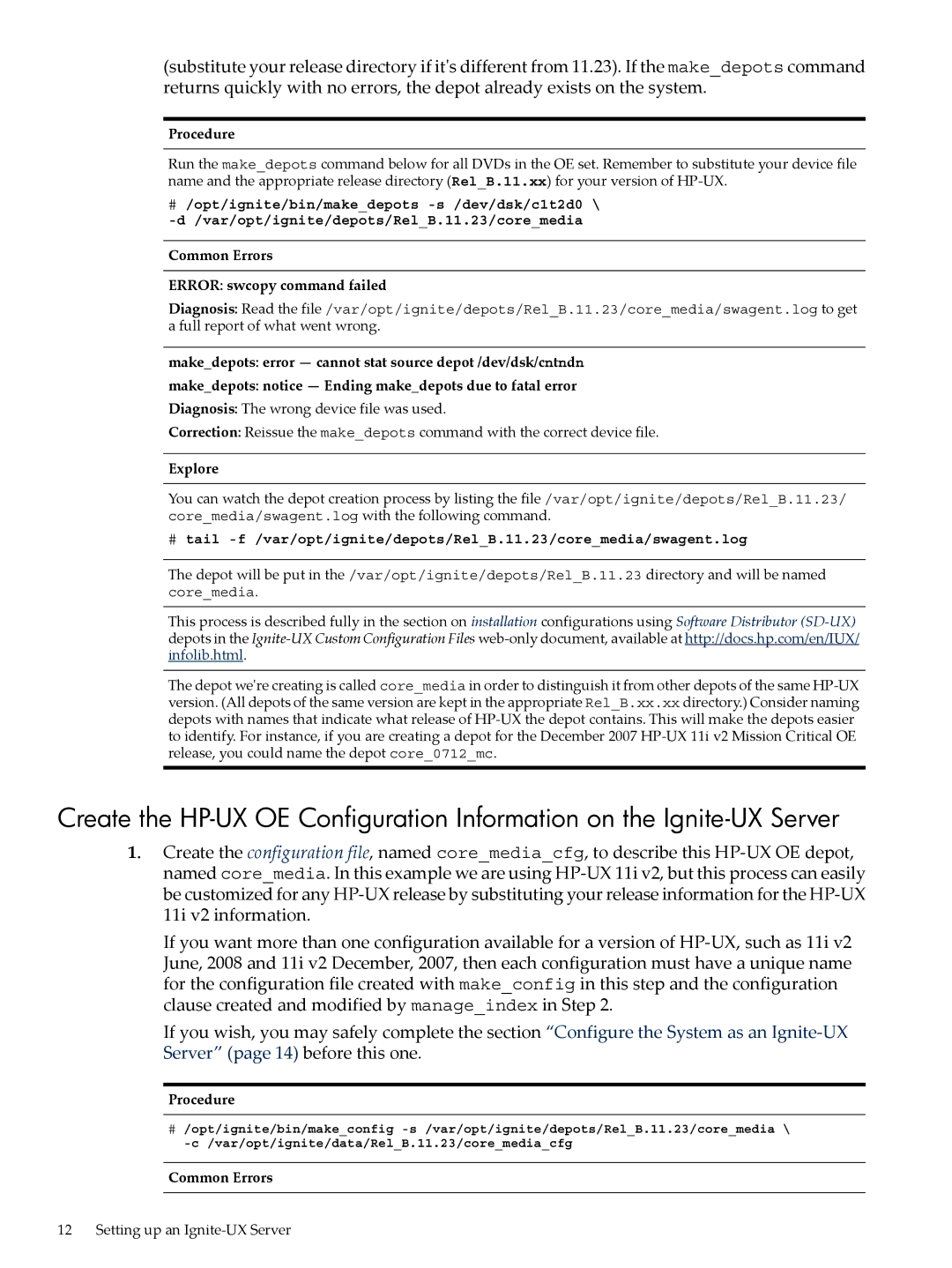 HP UX System Management Software manual Common Errors Error swcopy command failed 