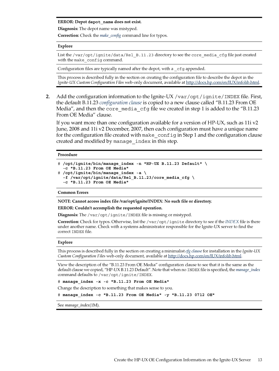 HP UX System Management Software manual Error Depot depotname does not exist, # manageindex -x -c B.11.23 From OE Media 