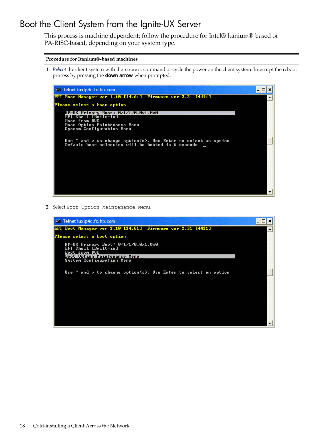 HP UX System Management Software Boot the Client System from the Ignite-UX Server, Procedure for Itanium-based machines 