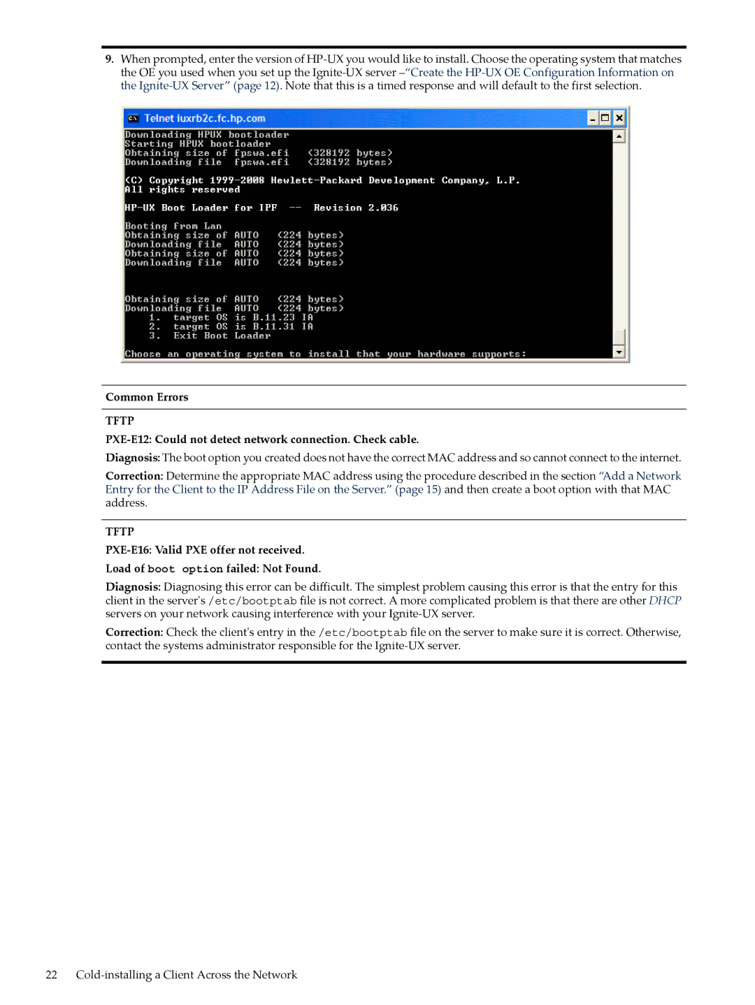 HP UX System Management Software manual Tftp, PXE-E12 Could not detect network connection. Check cable 