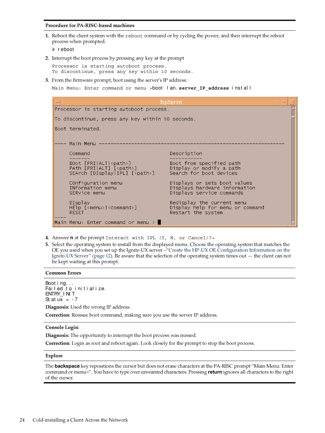 HP UX System Management Software manual # reboot, Booting Failed to initialize, Status =, Console Login 