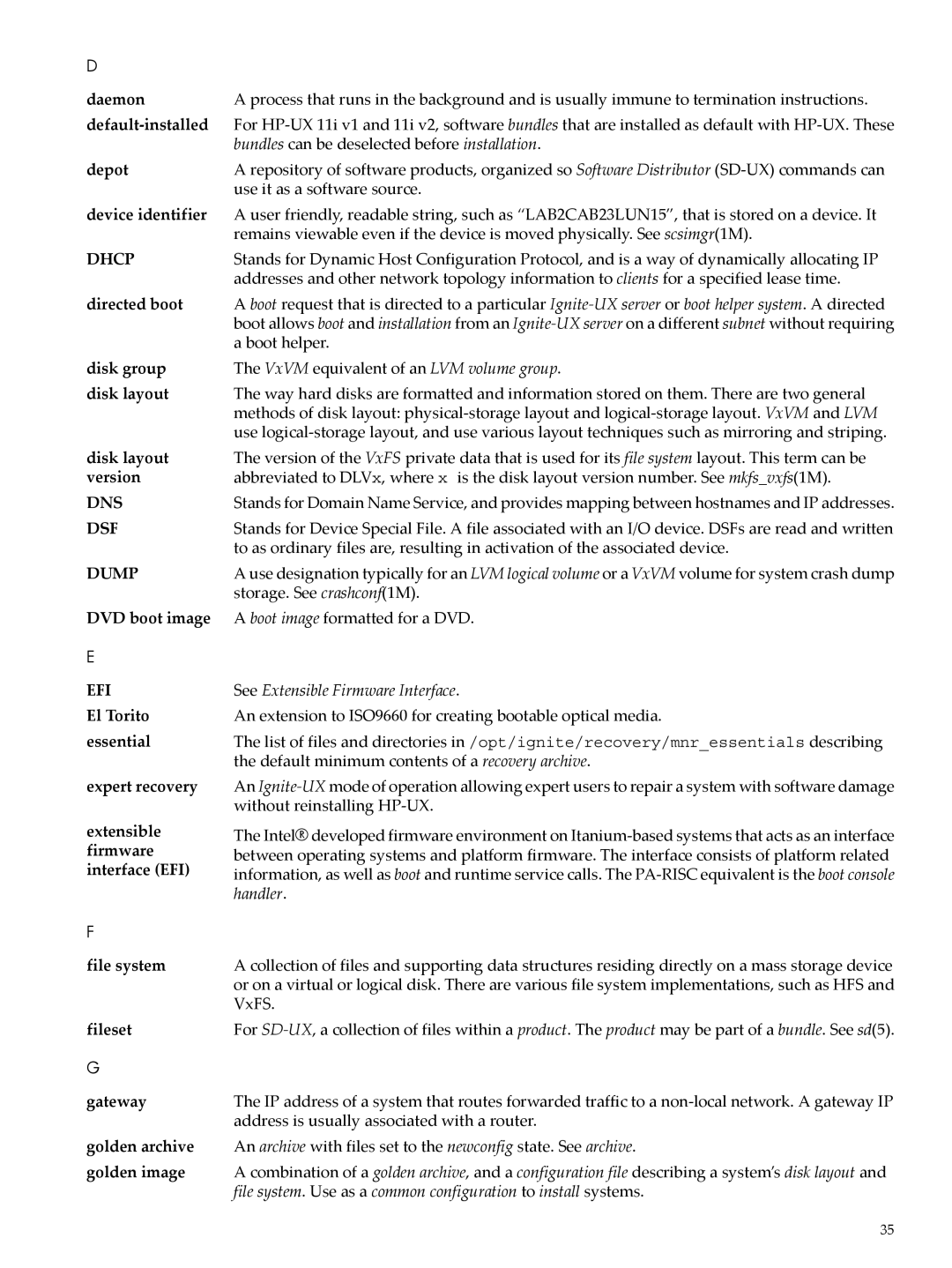 HP UX System Management Software manual Dhcp, Dns, Dsf, Dump, Efi 