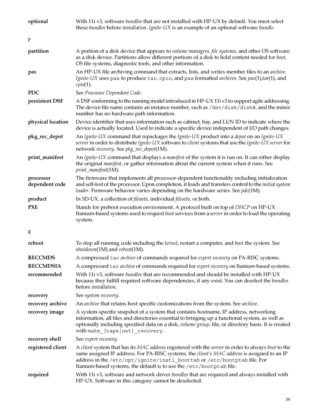 HP UX System Management Software manual Pdc, Pxe, Reccmdsia 