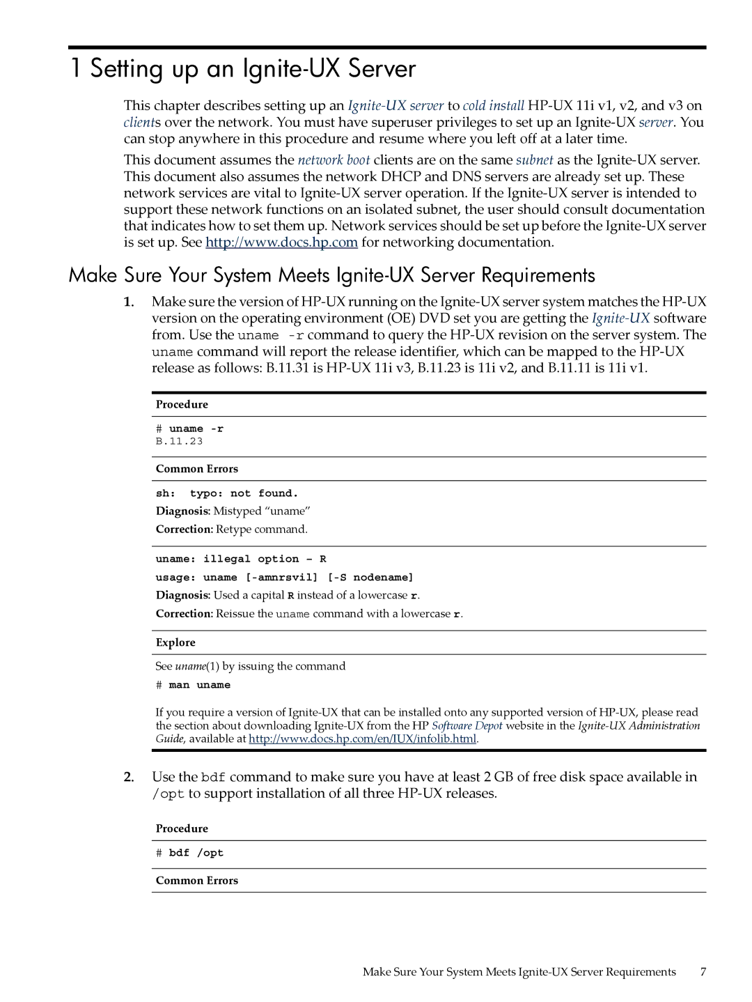 HP UX System Management Software manual Make Sure Your System Meets Ignite-UX Server Requirements, Procedure, Common Errors 