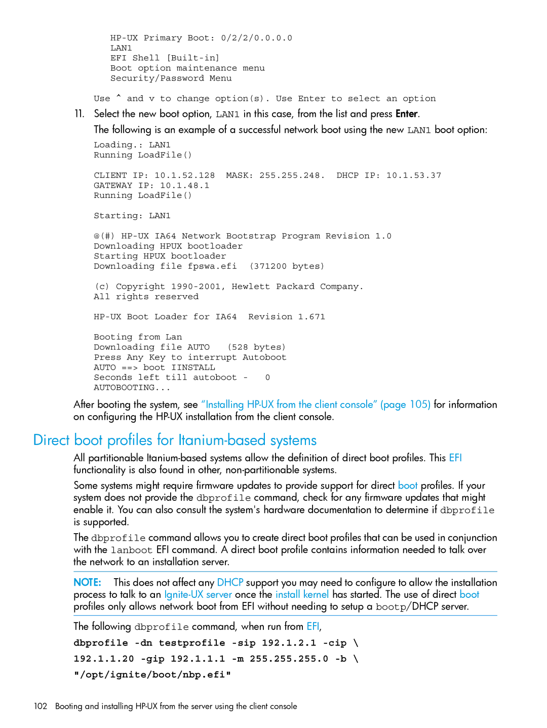 HP UX System Management Software manual Direct boot profiles for Itanium-based systems, LAN1 