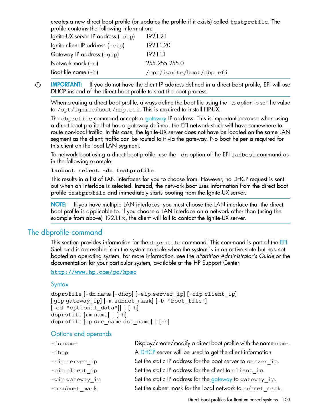 HP UX System Management Software manual Dbprofile command, Syntax, Options and operands 