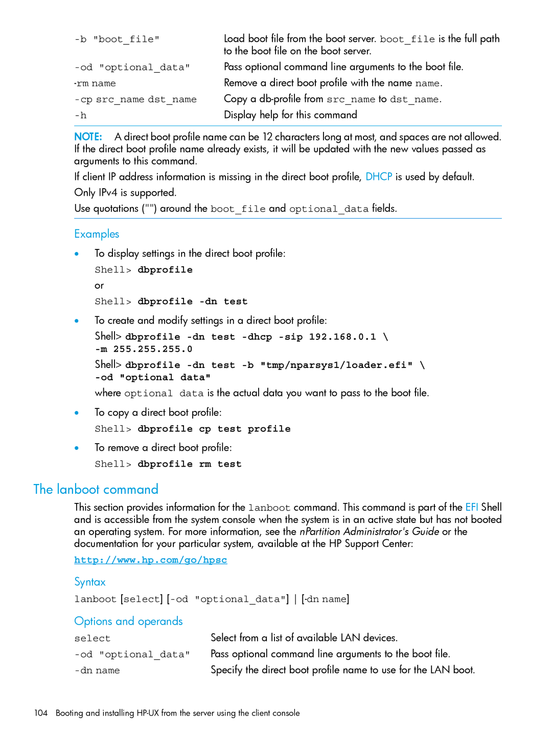 HP UX System Management Software Lanboot command, Examples, Shell dbprofile or, Lanboot select -od optionaldata -dn name 