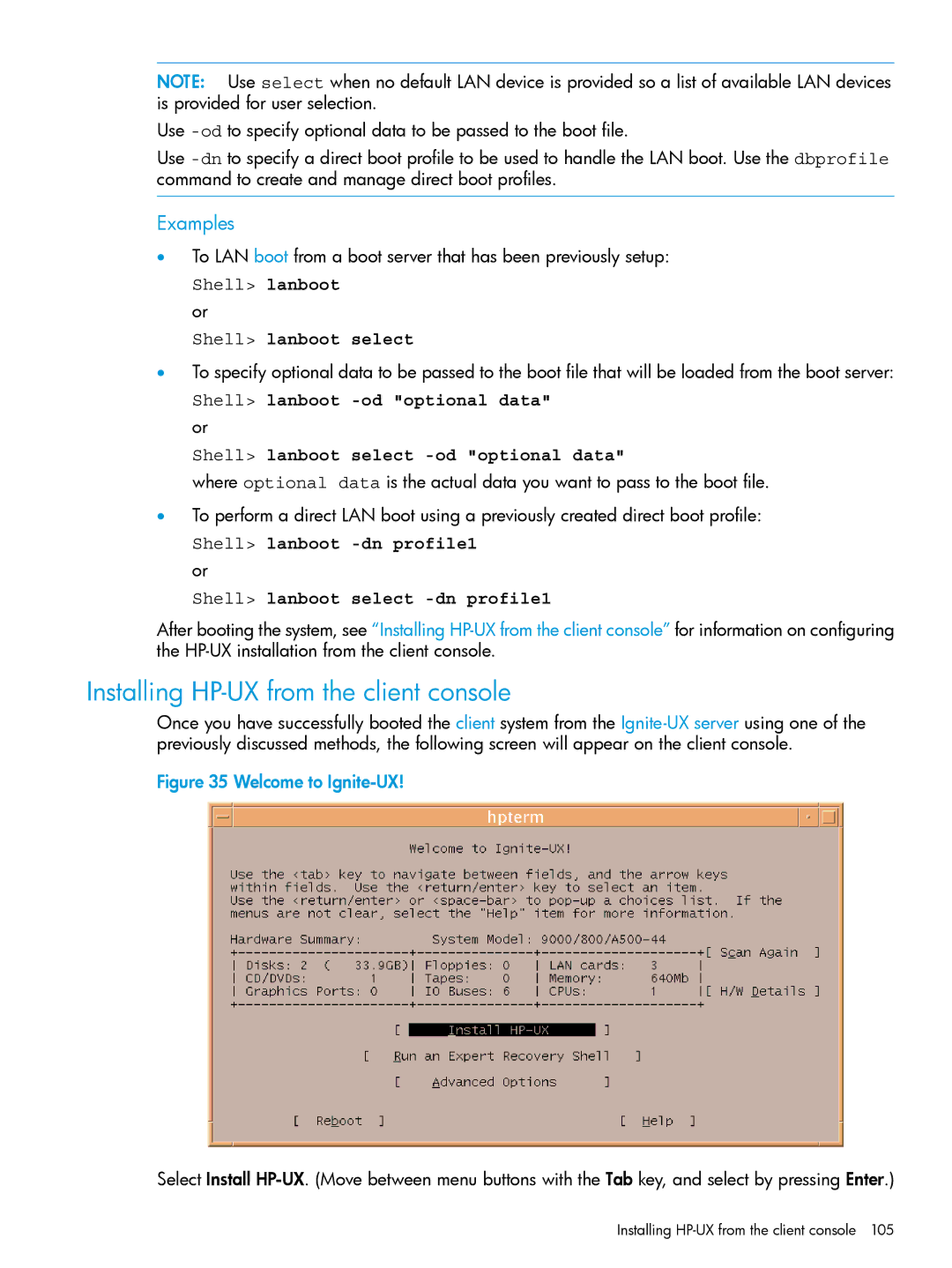 HP UX System Management Software manual Installing HP-UX from the client console, Shell lanboot or 