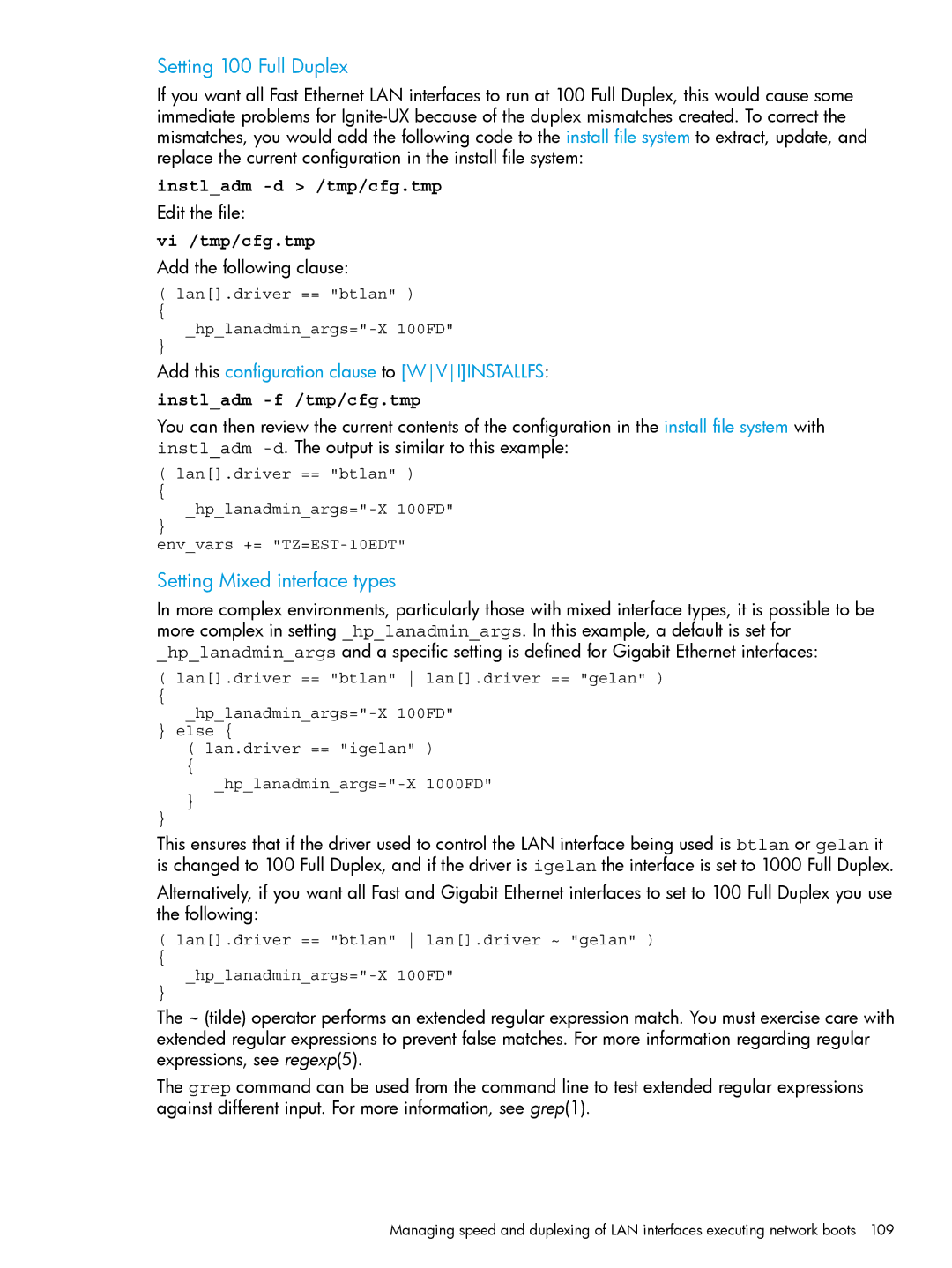 HP UX System Management Software manual Setting 100 Full Duplex, Setting Mixed interface types, Edit the file 