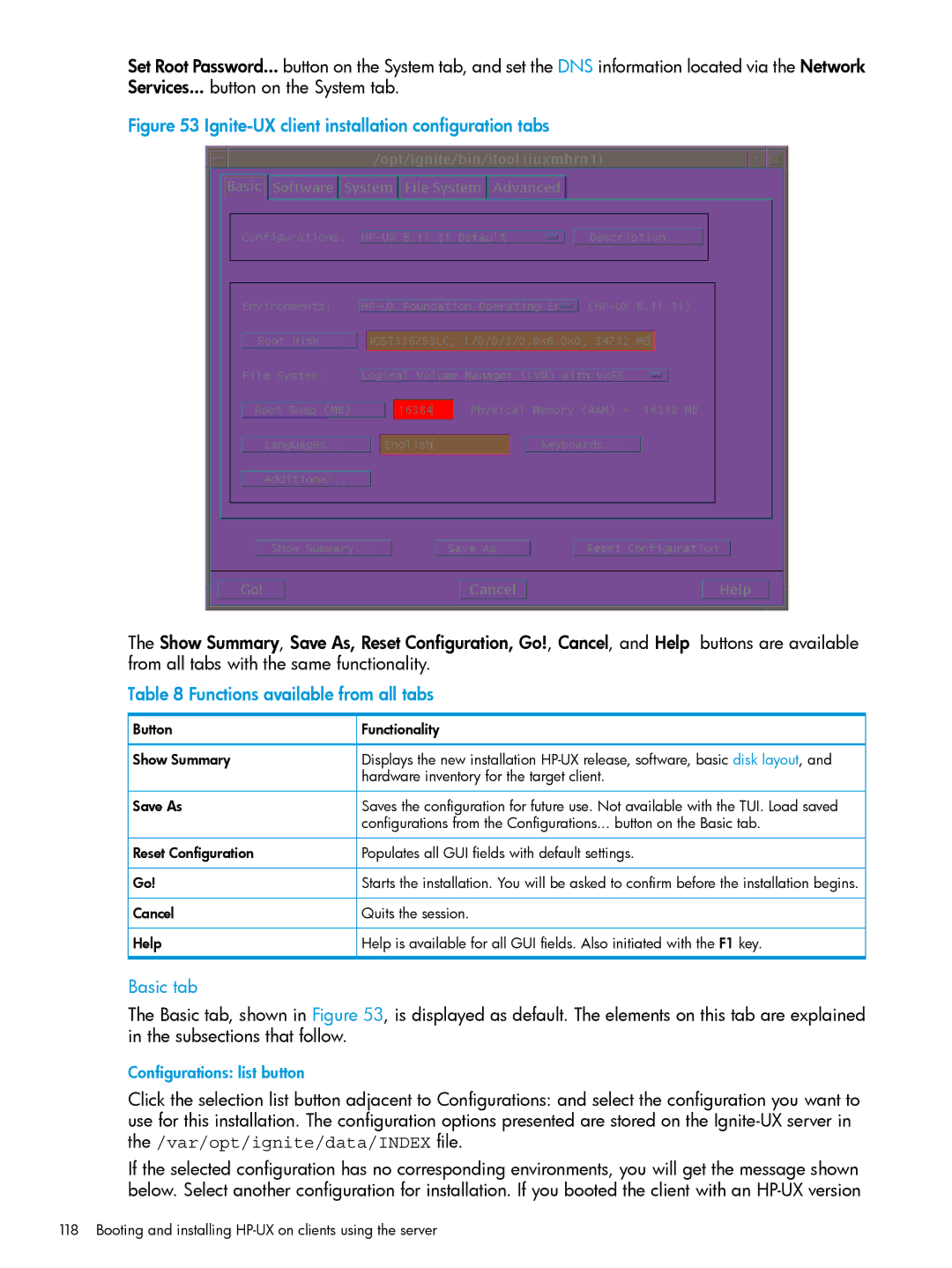 HP UX System Management Software manual Functions available from all tabs, Basic tab 