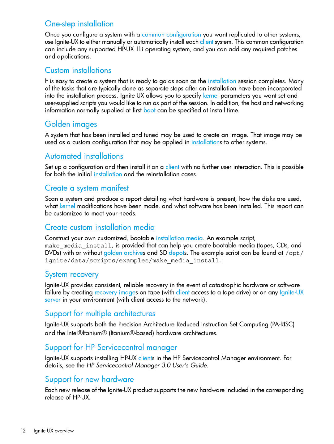 HP UX System Management Software manual One-step installation, Custom installations, Golden images, Automated installations 