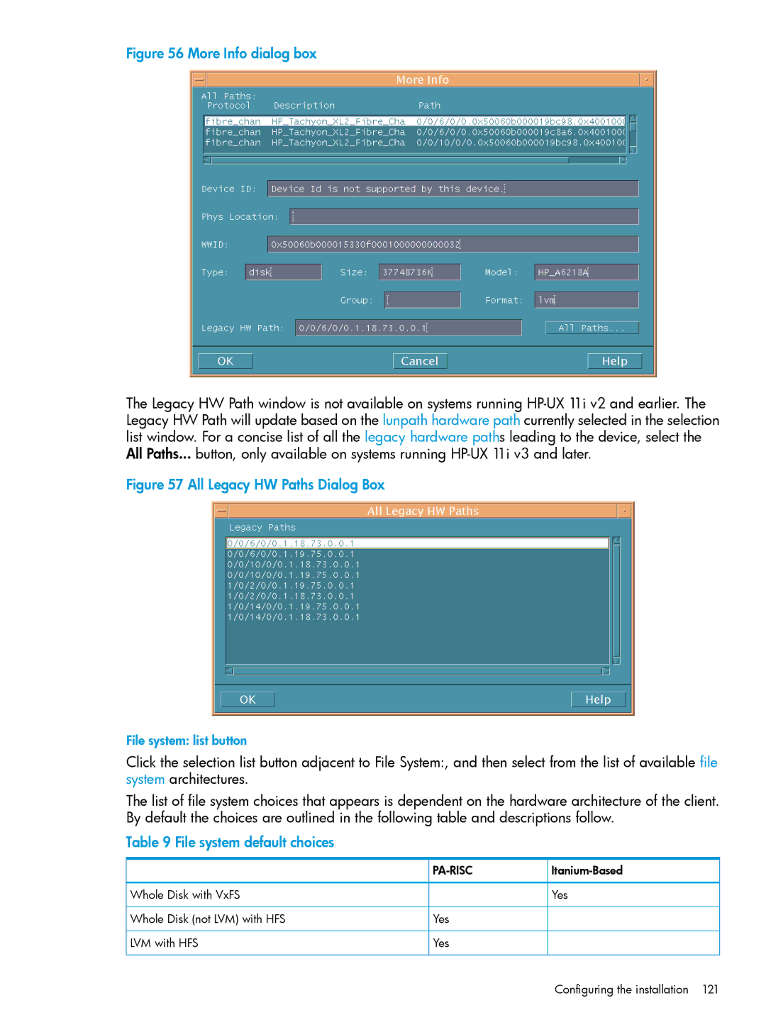 HP UX System Management Software manual All Legacy HW Paths Dialog Box, File system default choices 