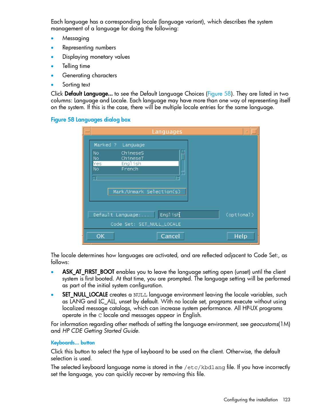 HP UX System Management Software manual Languages dialog box 