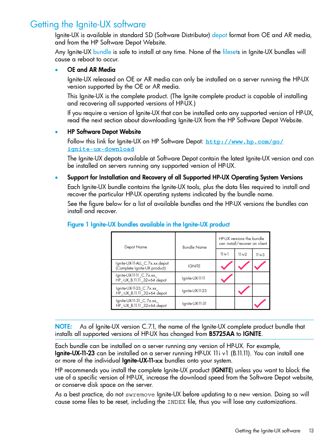 HP UX System Management Software Getting the Ignite-UX software, Ignite-UX bundles available in the Ignite-UX product 