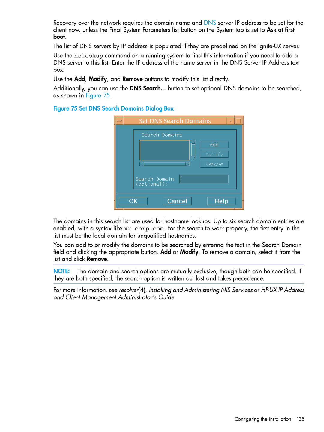 HP UX System Management Software manual Set DNS Search Domains Dialog Box 