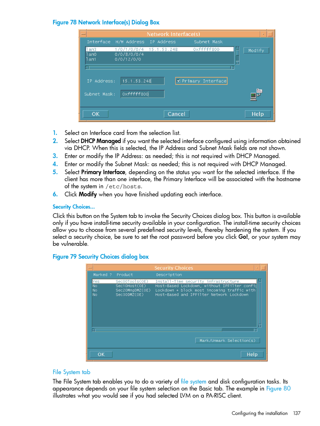 HP UX System Management Software manual Network Interfaces Dialog Box, Select an Interface card from the selection list 