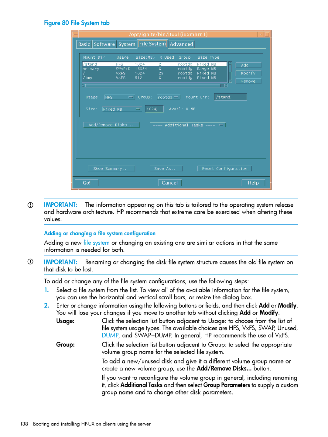 HP UX System Management Software manual Adding or changing a file system configuration 