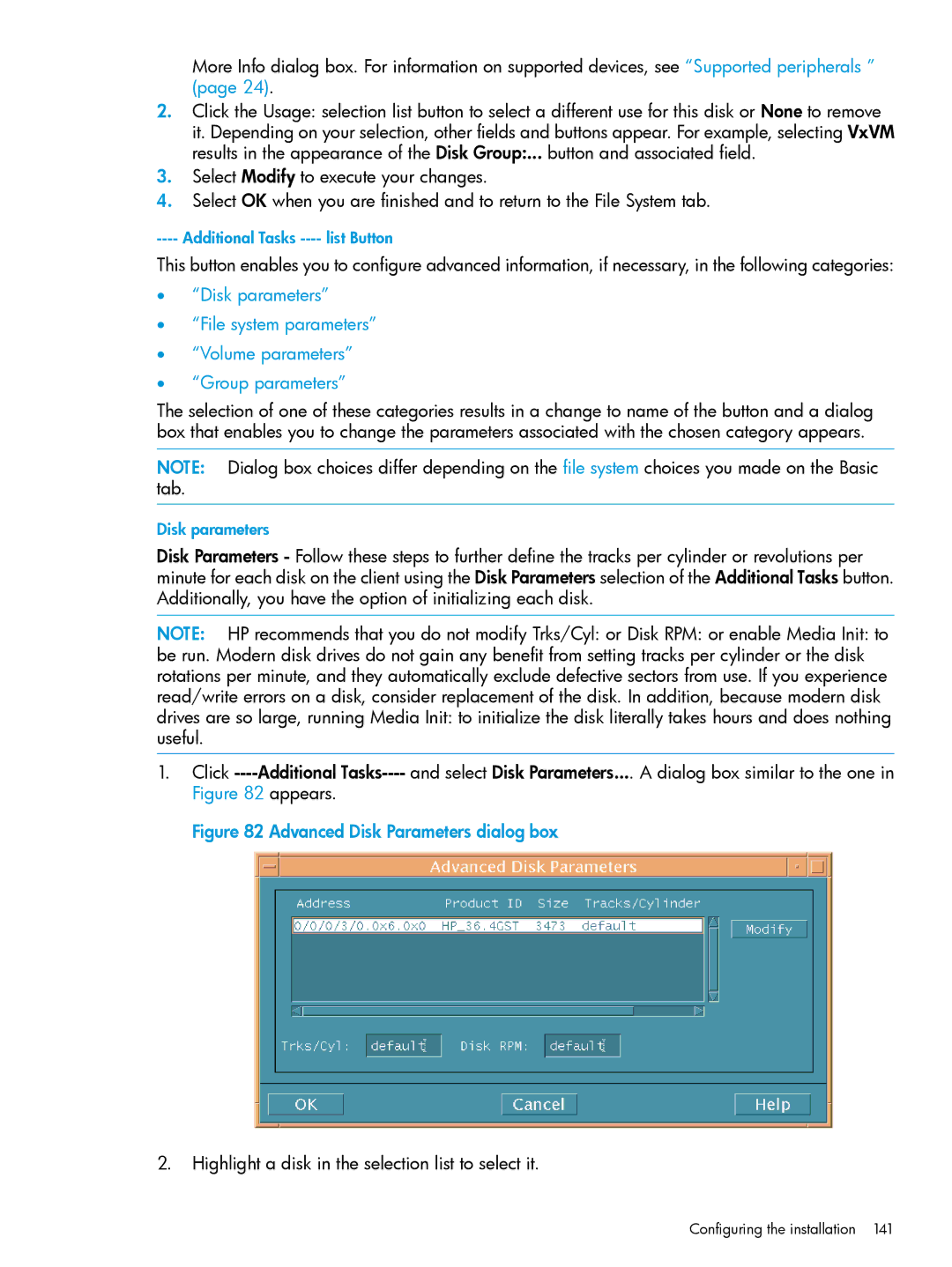 HP UX System Management Software Advanced Disk Parameters dialog box, Highlight a disk in the selection list to select it 