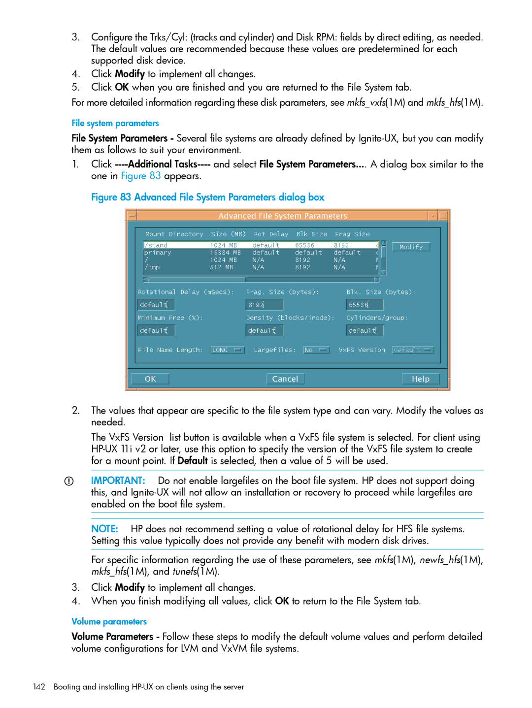 HP UX System Management Software manual Advanced File System Parameters dialog box 