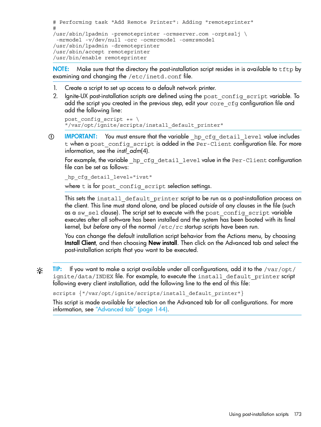 HP UX System Management Software manual Where t is for postconfigscript selection settings 