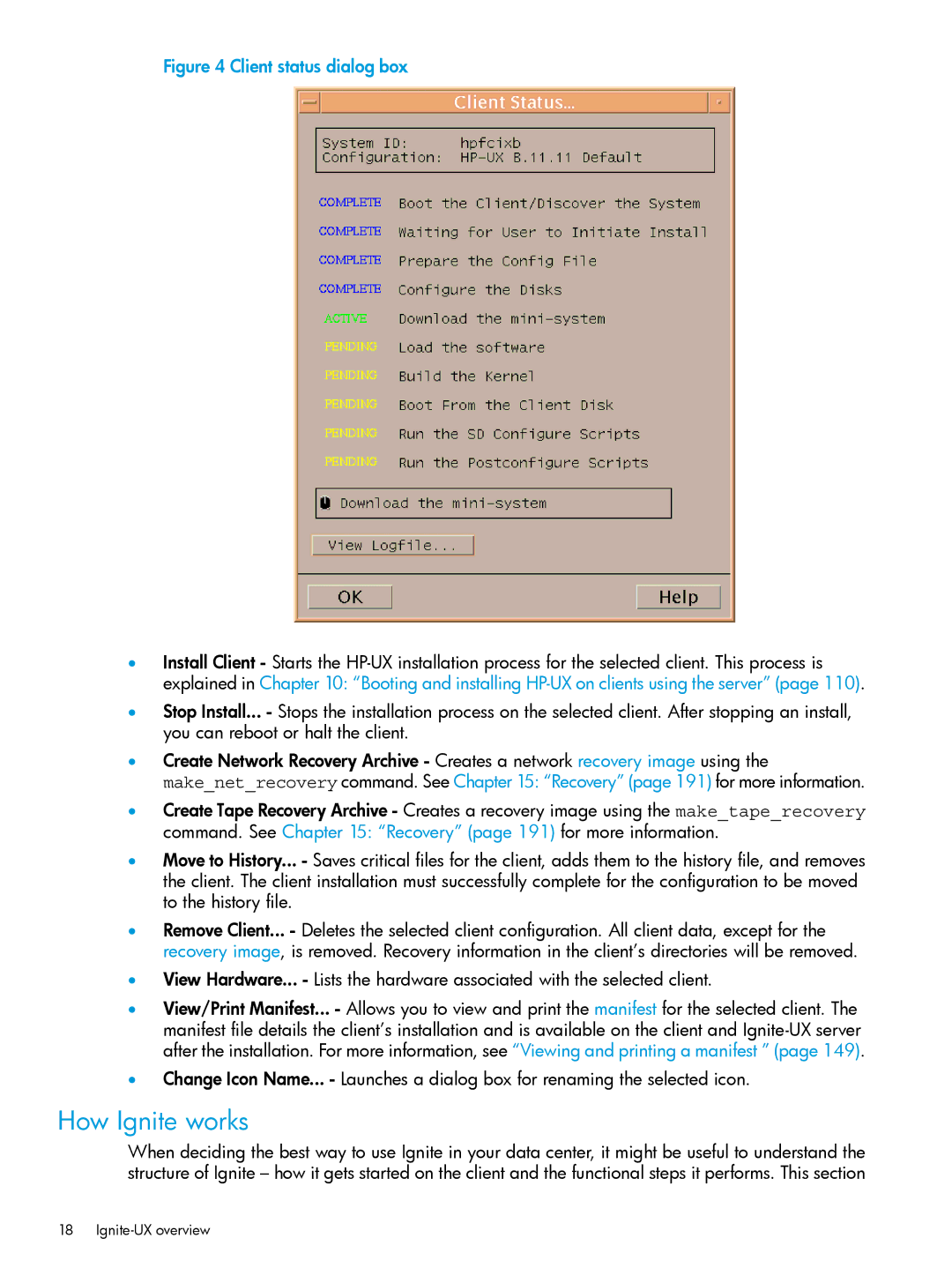 HP UX System Management Software manual How Ignite works, Client status dialog box 